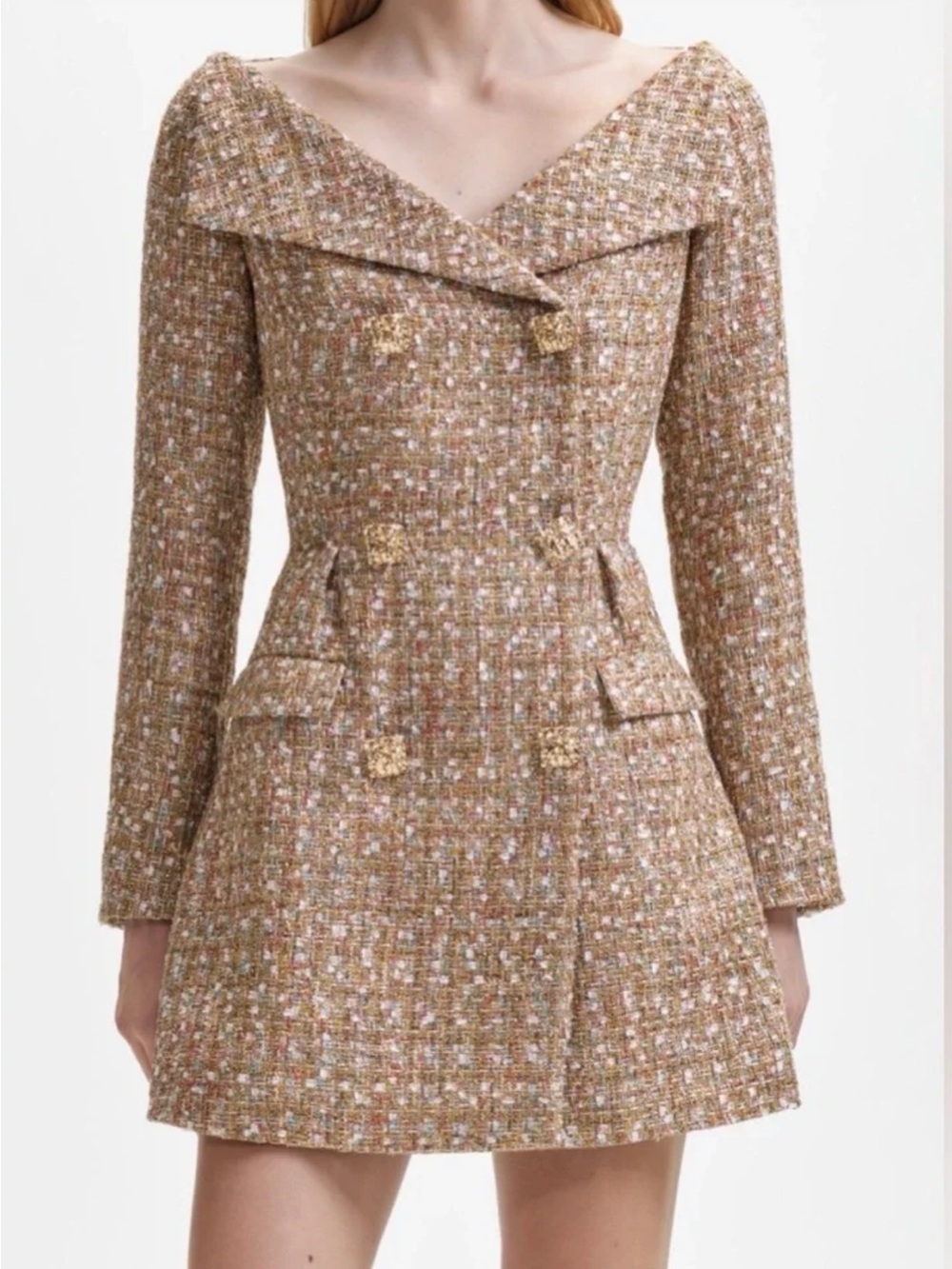 Self-Portrait Champagne Tweed Off-Shoulder Mini Dress